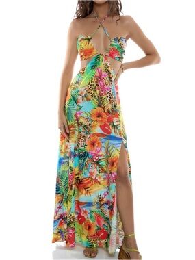 NWT Luli Fama Birds Of Paradise Bandeau Cut Out Front Slit Maxi Dress Women’s M